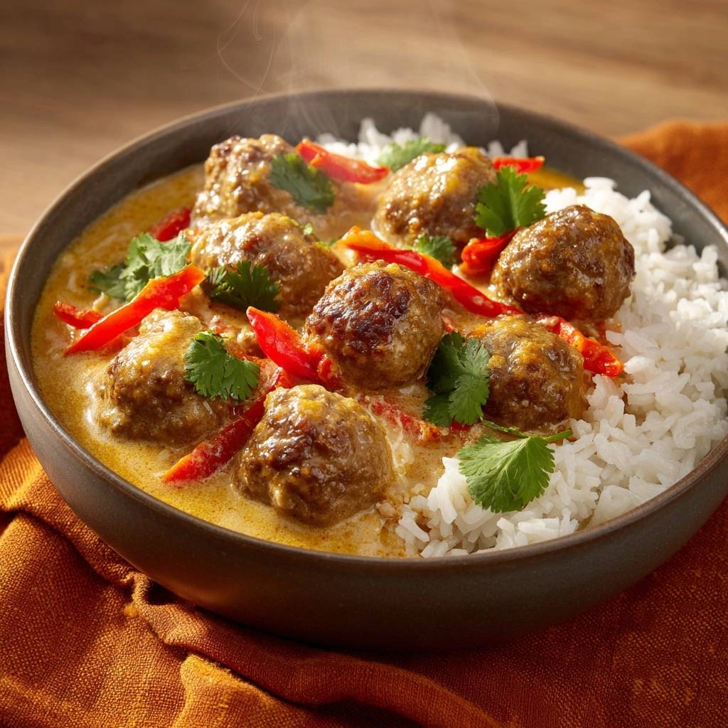 Saftige Fleischbällchen im Thai-Curry, dampfend serviert in einer Schüssel mit Reis und garniert