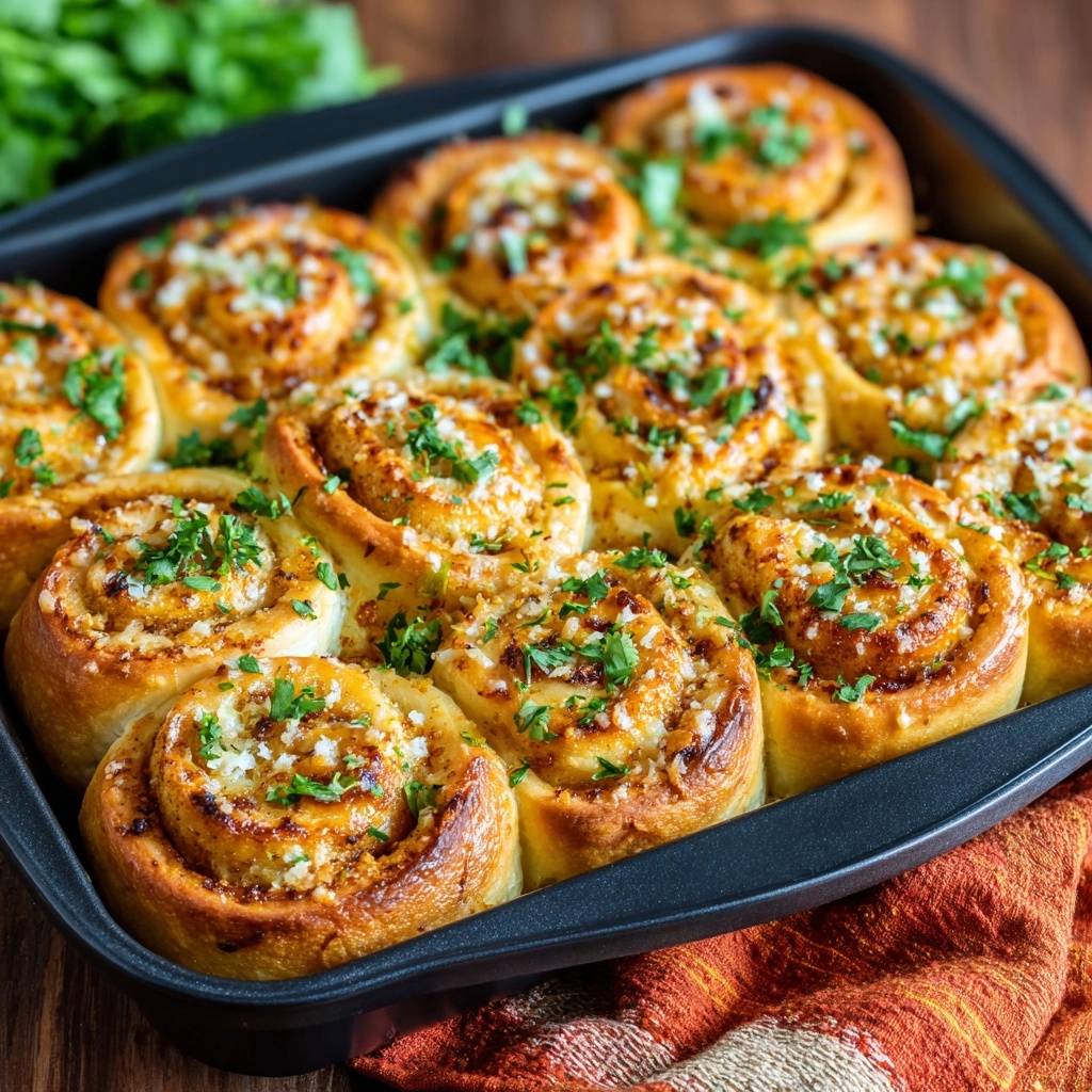 Fluffige Knoblauch Petersilie Schnecken Garniert 1 Fluffige Knoblauch-Petersilie-Schnecken, frisch aus dem Ofen, mit gehackter Petersilie und Knoblauch garniert, in einer schwarzen Backform.