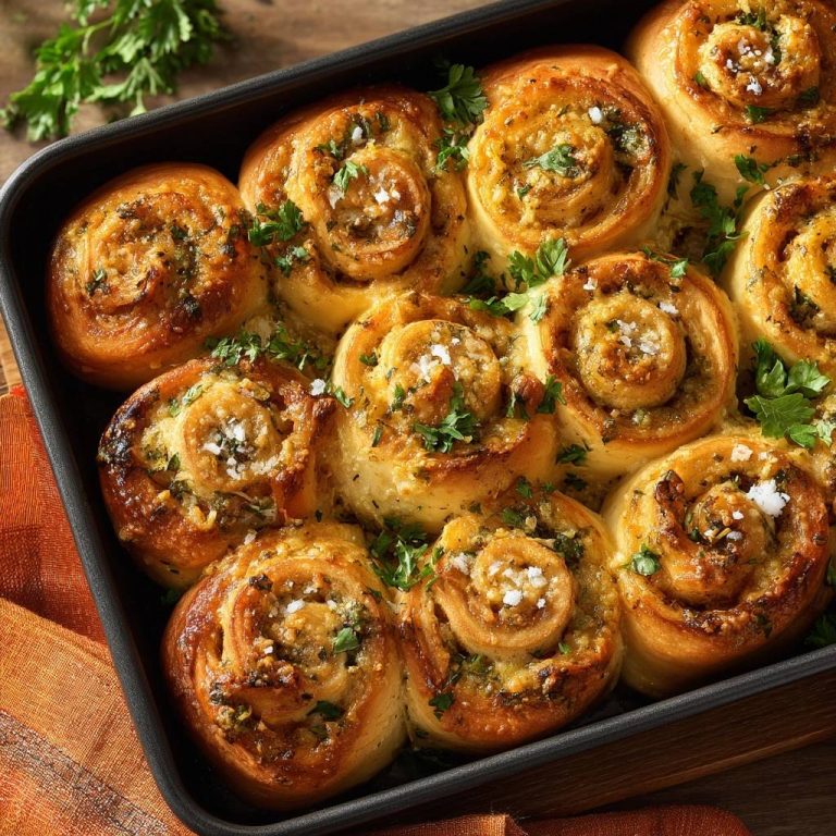 Fluffige Knoblauch-Petersilie-Schnecken frisch aus dem Ofen im Backblech, garniert mit Petersilie und grobem Salz.