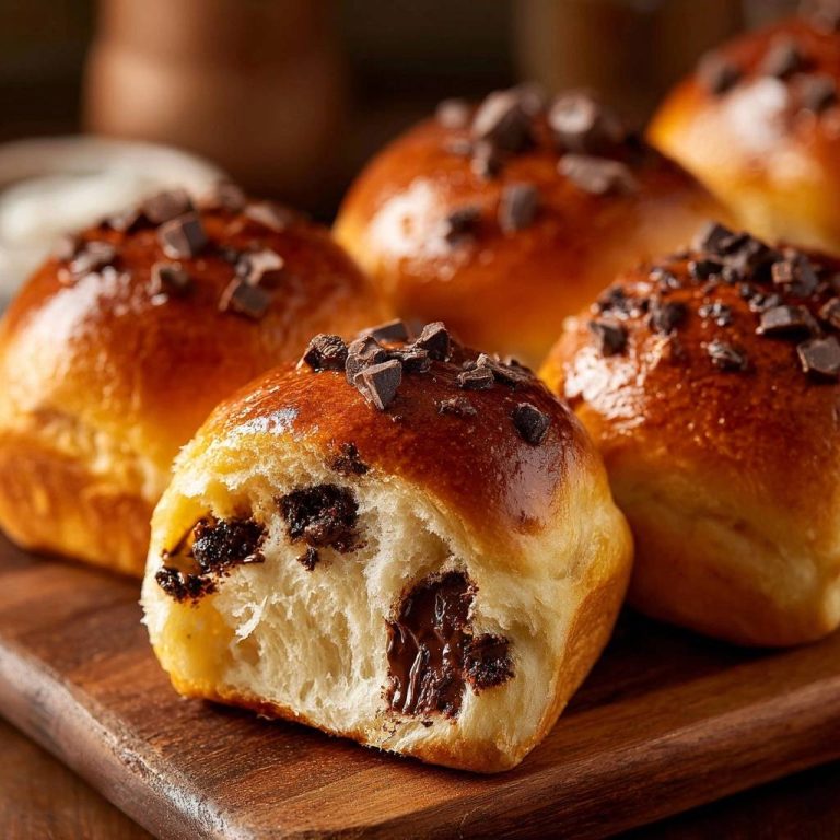 Fluffige Schoko-Chip-Brötchen, angeschnitten und offenbart mit geschmolzenen Schokoladenstückchen im Teig.
