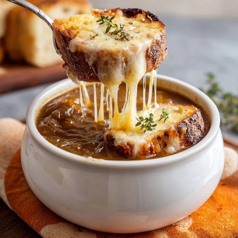 Französische Zwiebelsuppe mit einer geschmolzenen Käsekruste, die von einem Löffel gezogen wird.