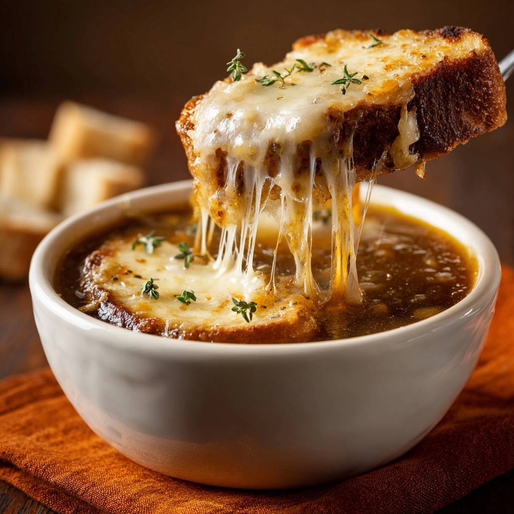 Franzosische Zwiebelsuppe Kaese Und Brot Nahaufnahme 1 Französische Zwiebelsuppe mit geschmolzenem Käse und Brot, eine Nahaufnahme, die die Fäden des Käses zeigt.