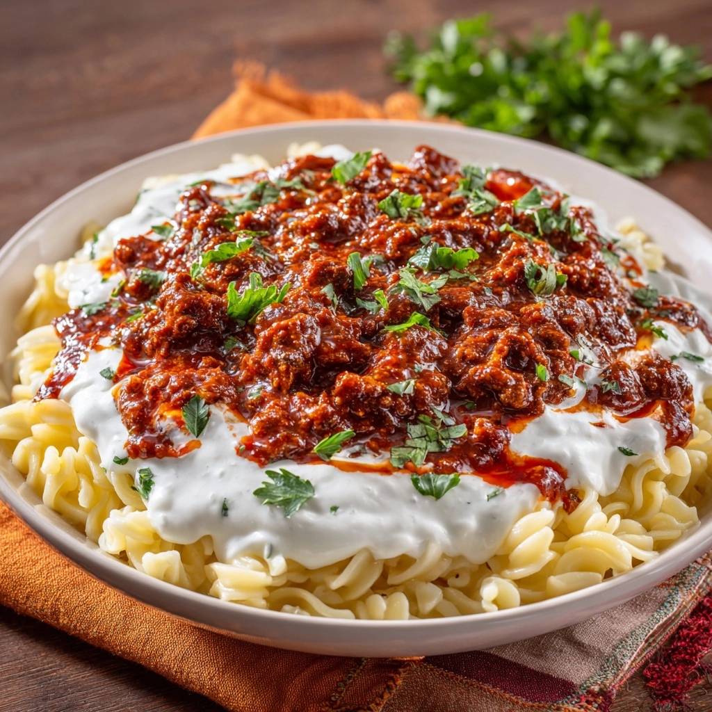 Fusilli mit Hacksoße und Joghurt als Nahaufnahme mit frischer Petersilie garniert auf einem Teller serviert.