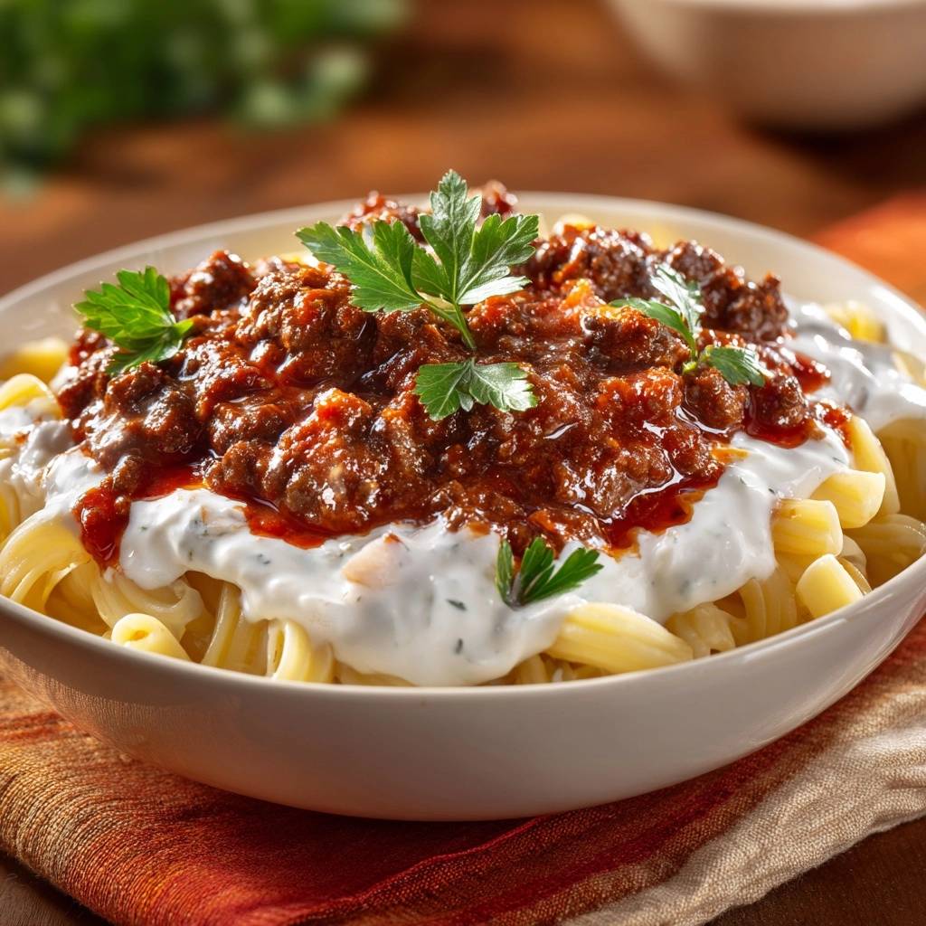Fusilli mit Hacksoße und Joghurt in einer Nahaufnahme, garniert mit frischer Petersilie und einer reichen, roten Soße.