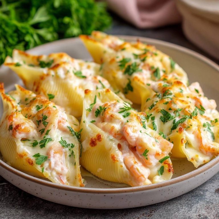 Cremige Garnelen-Conchiglie mit geschmolzenem Käse und Petersilie auf einem Teller serviert.