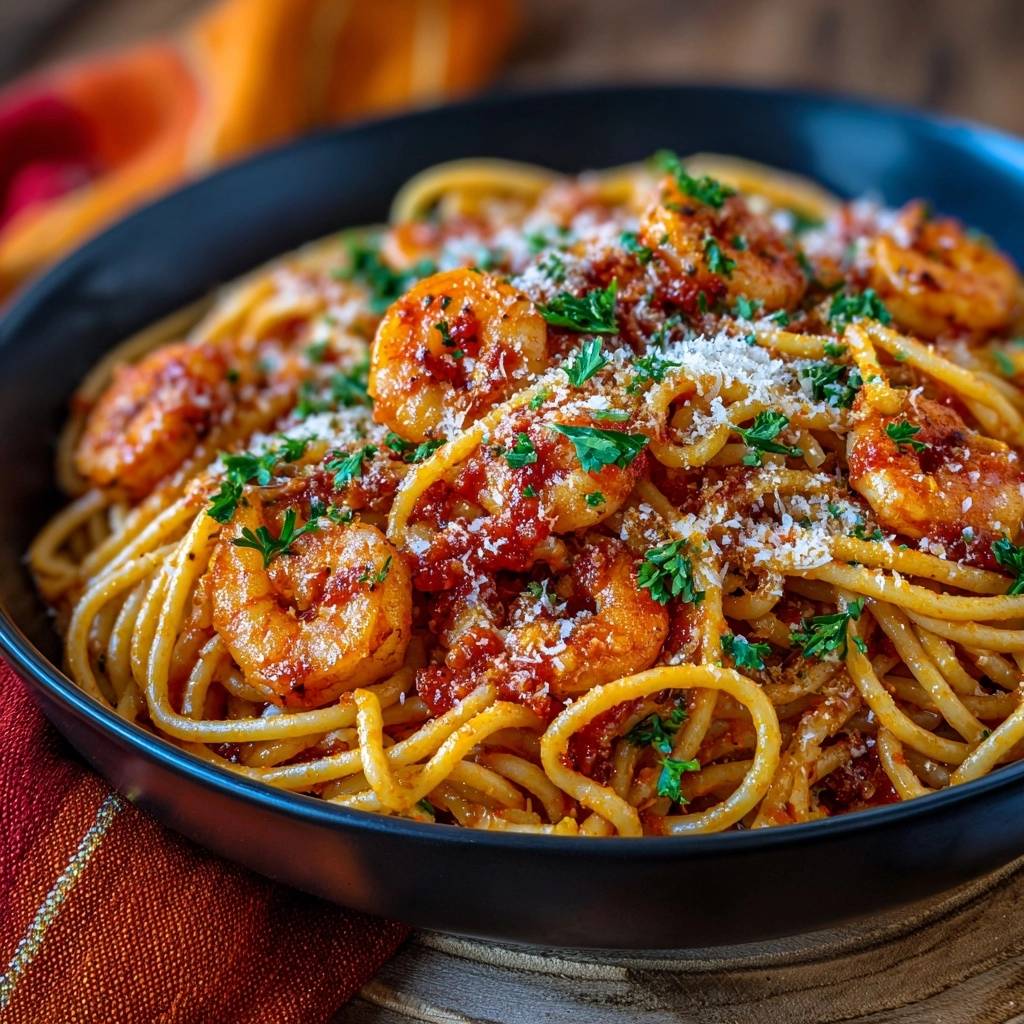 Garnelen Spaghetti Tomatensoe Nahaufnahme Geriebenem Kse 1 Garnelen-Spaghetti in Tomatensoße, eine Nahaufnahme mit den saftigen Garnelen und geriebenem Käse garniert.
