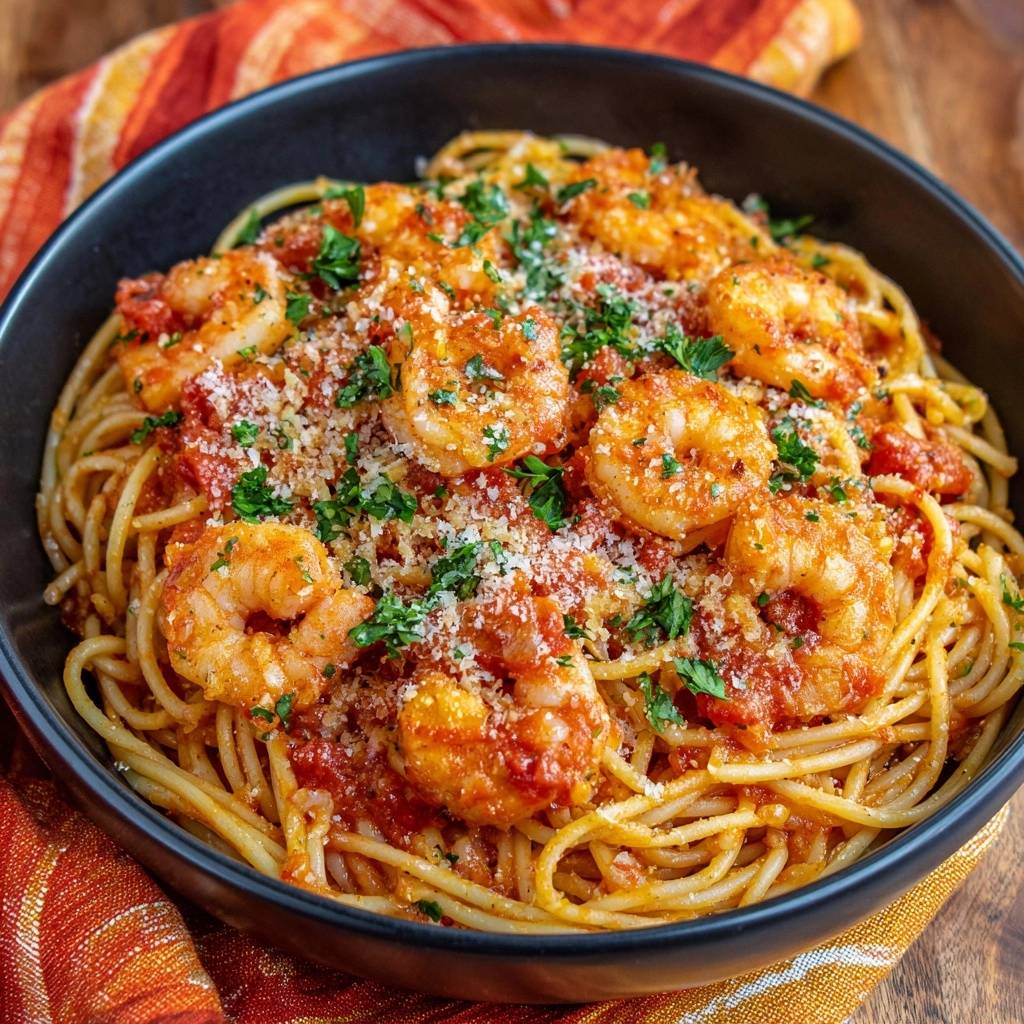 Garnelen-Spaghetti in Tomatensoße, eine Nahaufnahme mit Garnelen, die mit Petersilie und Parmesan bestreut sind.