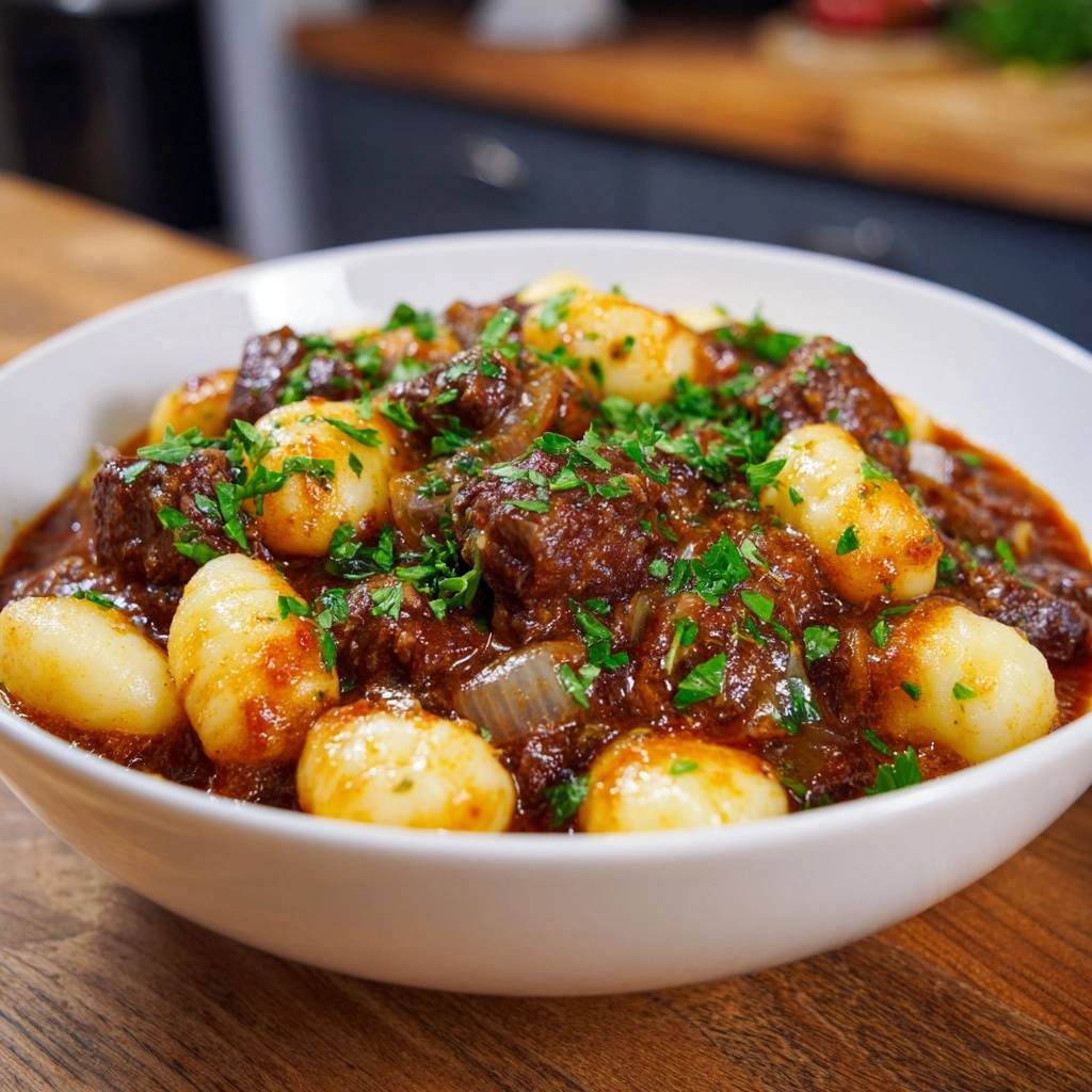 Gnocchi mit butterzartem Rindfleischragout, eine Nahaufnahme des Gerichts mit frischer Petersilie garniert in einer weißen Schüssel.