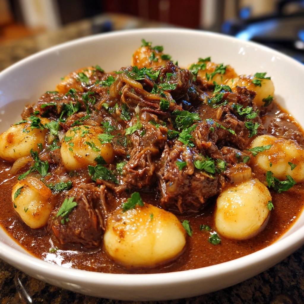 Gnocchi mit butterzartem Rindfleischragout, serviert in einer Schüssel und mit frischer Petersilie garniert.