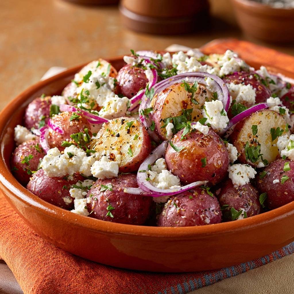 Griechischer Kartoffelsalat mit Feta und roten Zwiebeln, garniert mit frischer Petersilie und zerbröckeltem Feta-Käse.