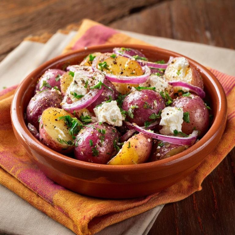 Griechischer Kartoffelsalat mit Feta, serviert in einer braunen Schüssel, nahaufnahme der Zutaten und des Tellers