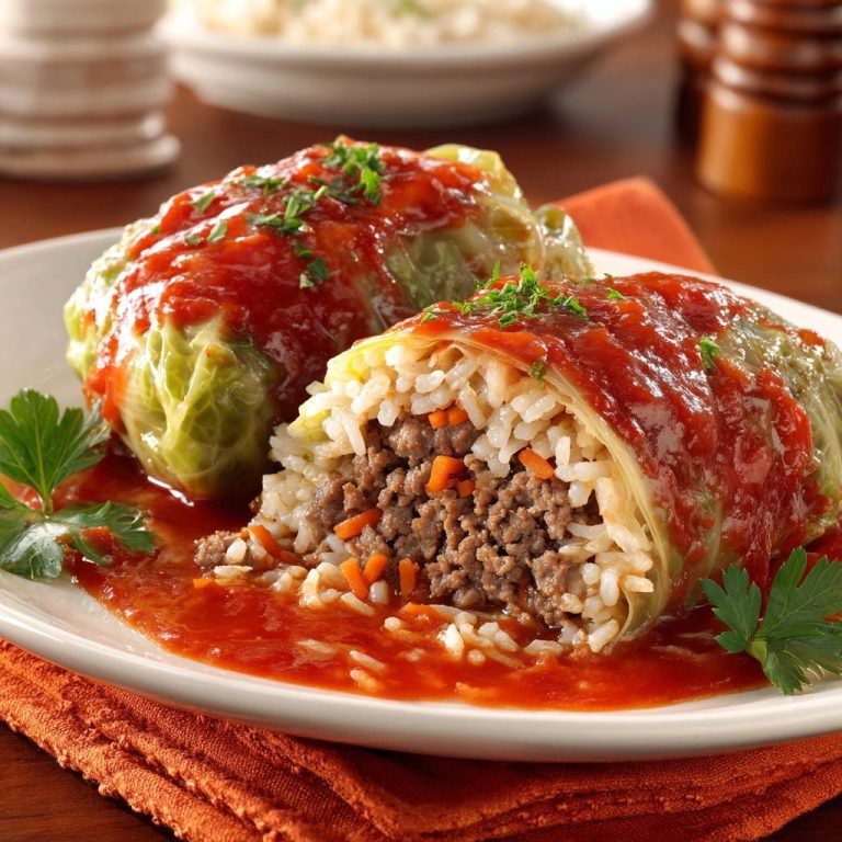 Saftige Hack-Kohlrouladen in Tomatensoße, eine angeschnittene Roulade zeigt den Inhalt aus Hackfleisch und Reis.
