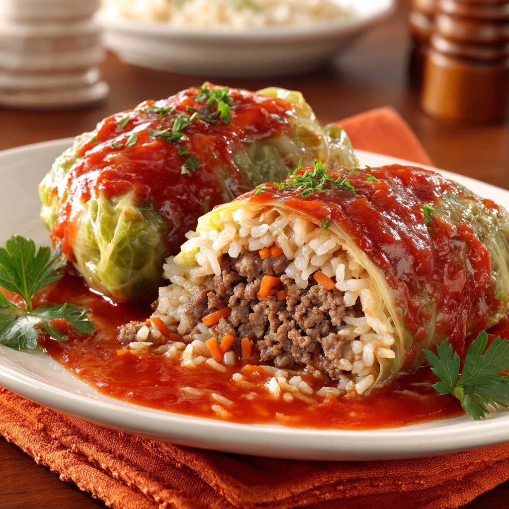 Saftige Hack-Kohlrouladen in Tomatensoße, eine angeschnittene Roulade zeigt den Inhalt aus Hackfleisch und Reis.