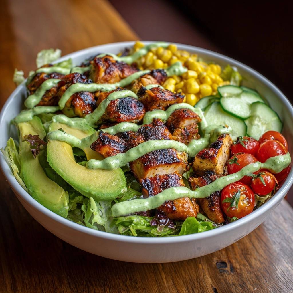 Haehnchen Avocado Bowl Detail Topping 1 Saftiger Hähnchen-Avocado-Salat-Bowl mit cremigem Dressing, das über gegrilltes Hähnchen und frische Zutaten geträufelt wird.