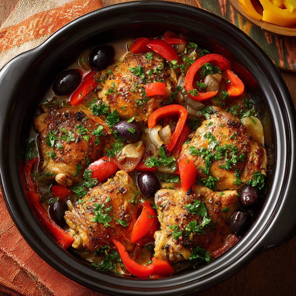 Saftiges Hähnchen mit Paprika, Oliven und Zwiebeln in einem Topf von oben fotografiert, mit frischer Petersilie garniert.