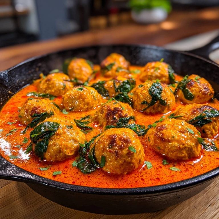Saftige Hähnchenfleischbällchen im Thai-Rotcurry mit Spinat, serviert in einer schwarzen Gusseisenpfanne auf einem Holztisch.