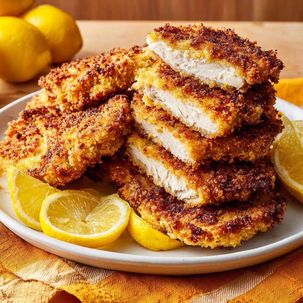 Knuspriges Hähnchenschnitzel mit Zitrone, angeschnitten, zeigt saftiges Inneres und knusprige Panade.