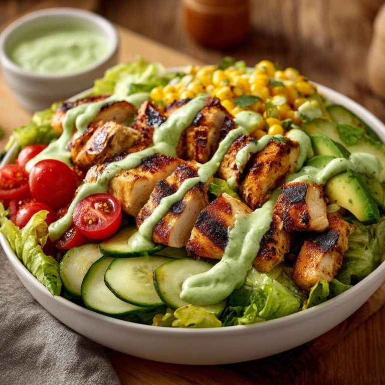 Saftiger Hähnchen-Avocado-Salat-Bowl mit cremiger grüner Soße, die über gegrilltes Hähnchen und frisches Gemüse geträufelt ist.