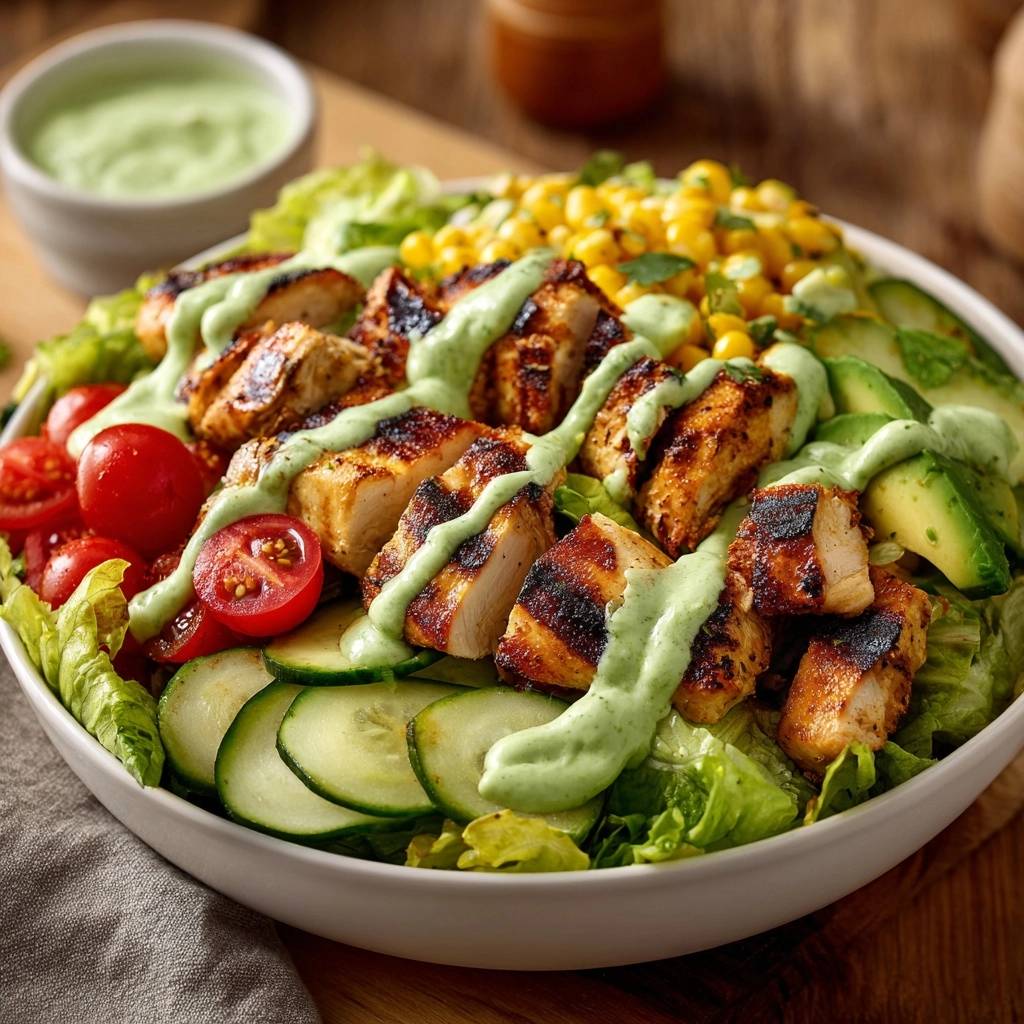 Saftiger Hähnchen-Avocado-Salat-Bowl mit cremiger grüner Soße, die über gegrilltes Hähnchen und frisches Gemüse geträufelt ist.
