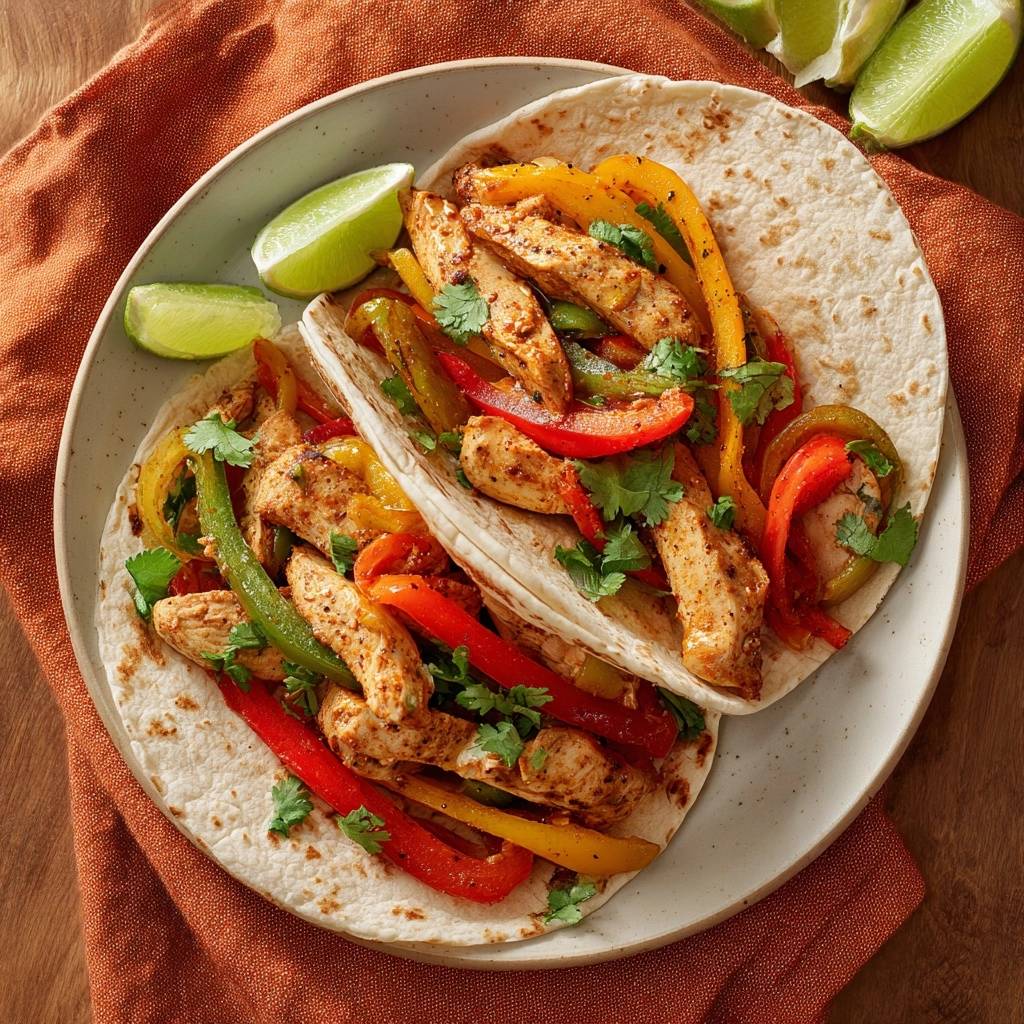 Hahnchen Fajita Tacos Serviert Mit Limette 1 Saftige Hähnchen-Fajita-Tacos, serviert mit frischen Limettenspalten auf einem Teller und einem orangen Tuch.