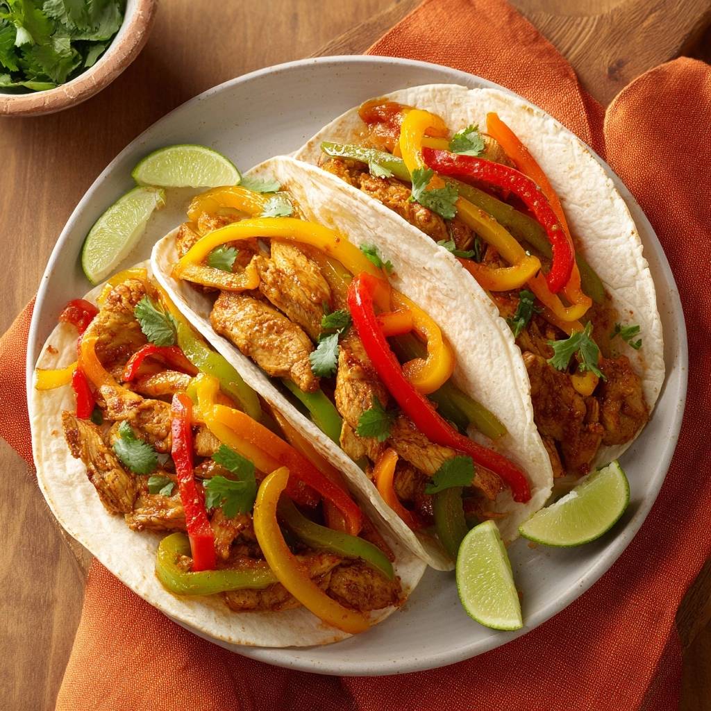 Saftige Hähnchen-Fajita-Tacos serviert mit Scheiben von frischer Limette und Koriander garniert.