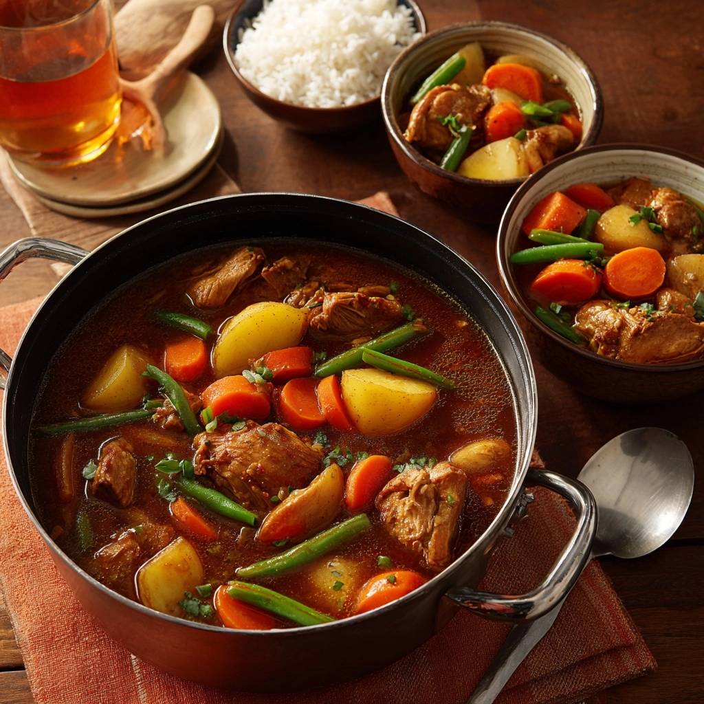 Hahnchen Gemuese Curry Im Topf Serviert 1 Würziges Hähnchen-Gemüse-Curry mit Reis, serviert in einem Kochtopf mit Kartoffeln und Karotten, garniert mit Petersilie.