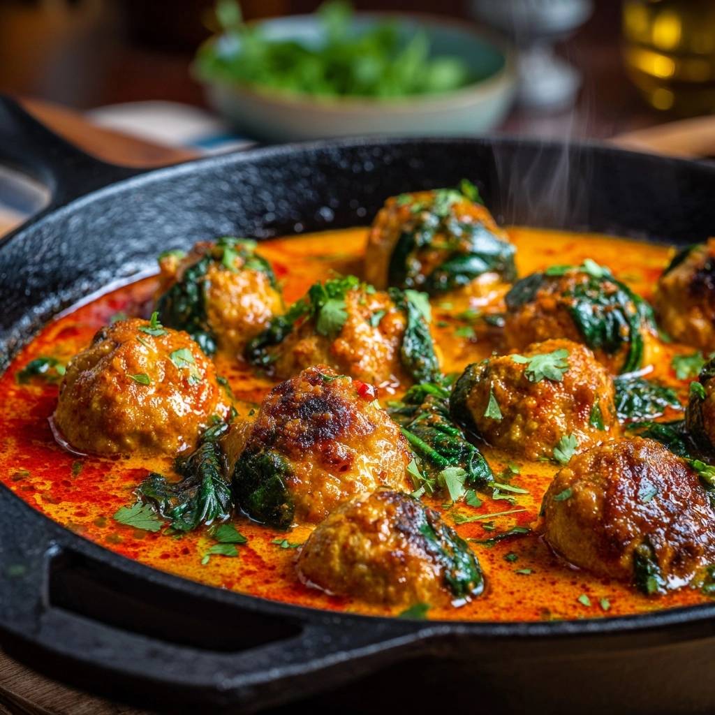 Hahnchenfleischbaellchen Thai Rotcurry Naheaufnahme Dampf 1 Saftige Hähnchenfleischbällchen im Thai-Rotcurry mit Spinat, nahaufnahme mit aufsteigendem Dampf in einer Pfanne.