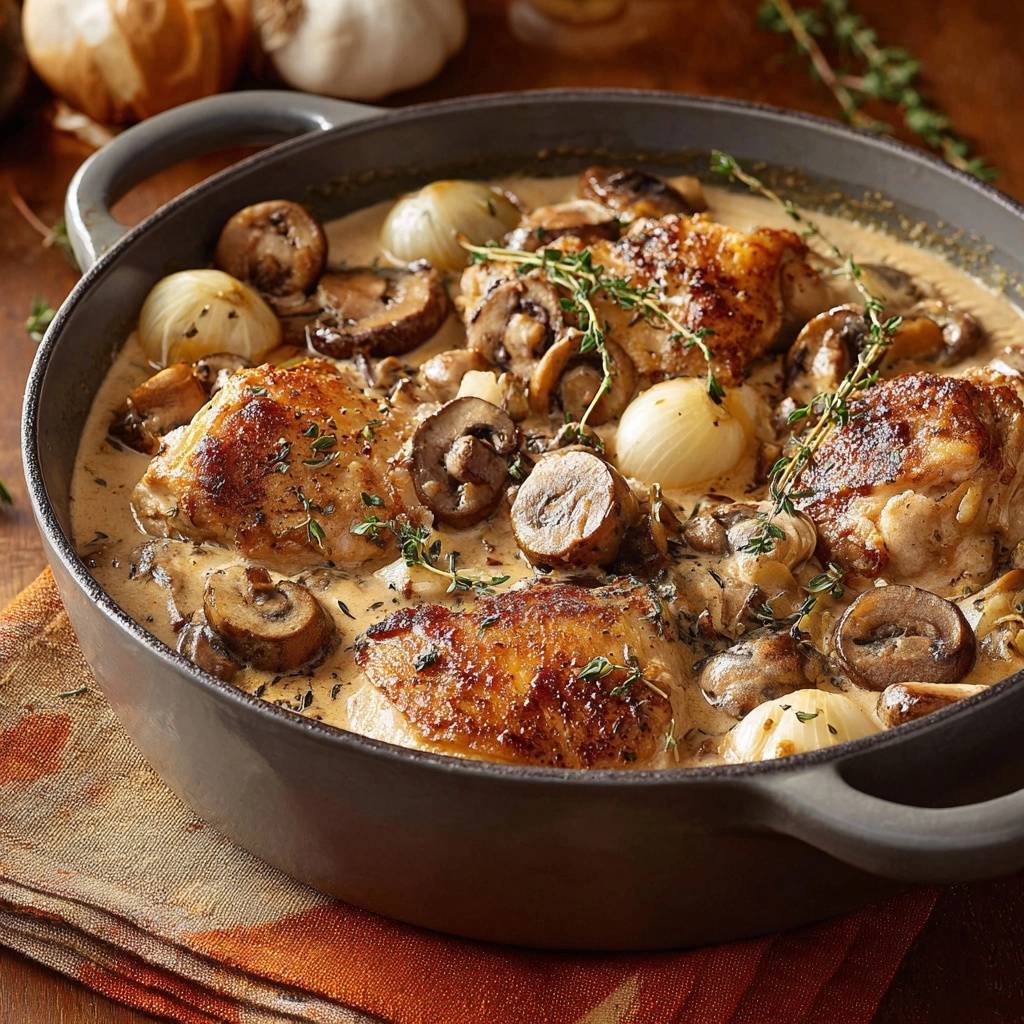 Hähnchenschenkel mit Pilzen und Perlzwiebeln in cremiger Sauce, Nahaufnahme mit Fokus auf die Textur und Garnitur.