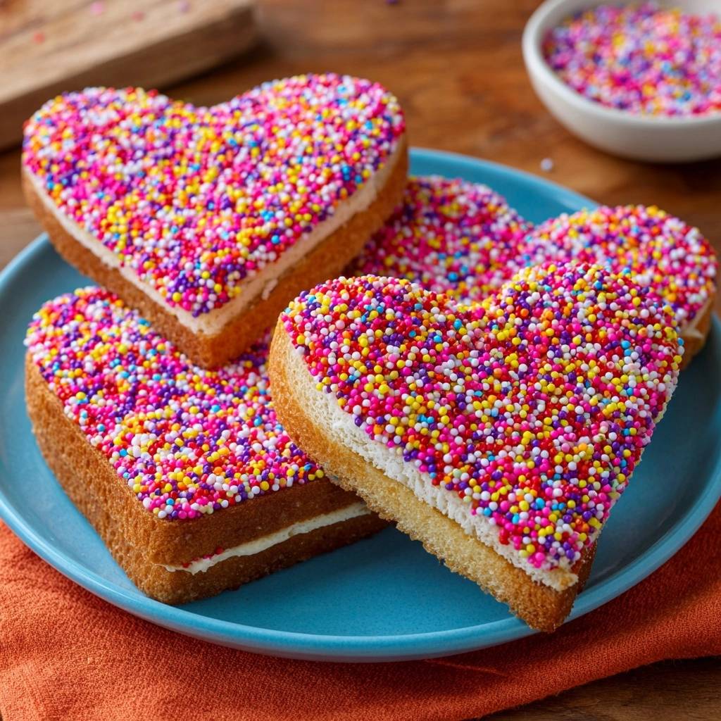 Herzförmige Streusel-Sandwiches als Nahaufnahme auf einem blauen Teller mit bunten Streuseln bedeckt.