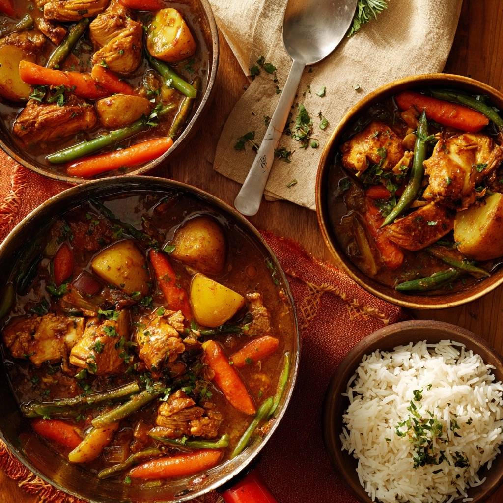 Würzige Hähnchen-Gemüse-Curry mit Reis, serviert in mehreren Schüsseln aus der Vogelperspektive.