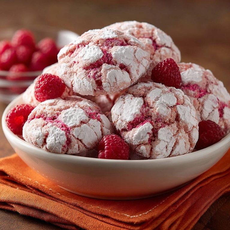 Himbeer-Crinkle-Kekse, die in einer Schüssel mit frischen Himbeeren garniert und mit Puderzucker bestäubt sind.