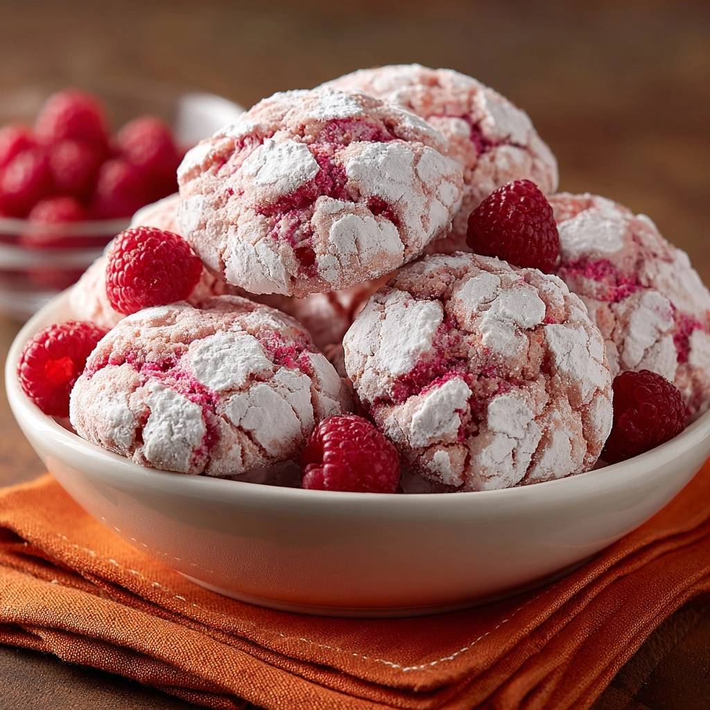 Himbeer-Crinkle-Kekse, die in einer Schüssel mit frischen Himbeeren garniert und mit Puderzucker bestäubt sind.