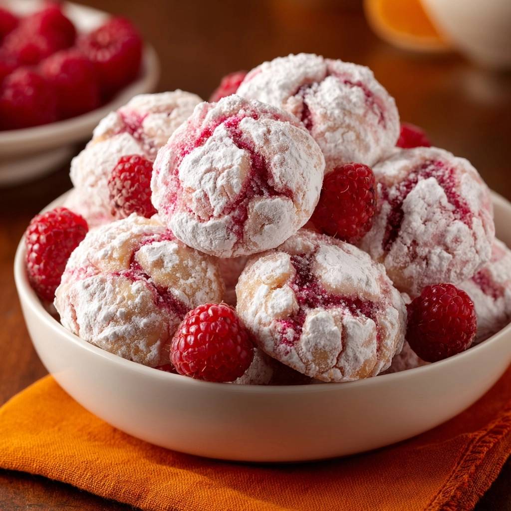 Himbeer-Crinkle-Kekse in einer weißen Schüssel mit frischen Himbeeren garniert, Nahaufnahme des Gebäckstapels