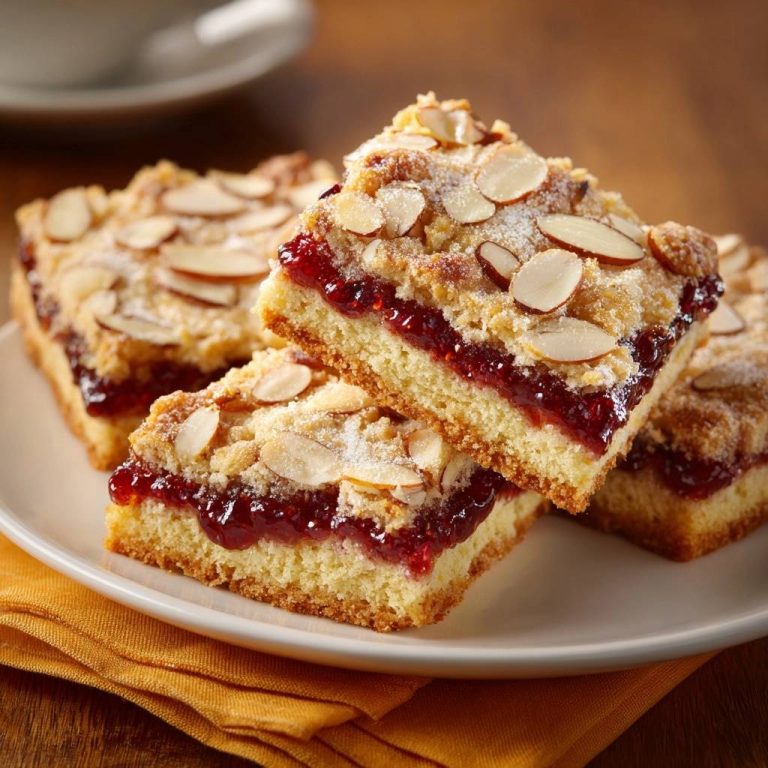 Himbeer-Mandel-Streuselkuchen angeschnitten auf einem Teller mit Mandelsplittern und Puderzucker bestäubt.
