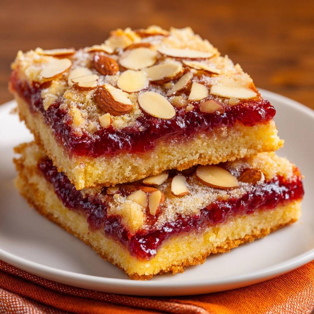 Himbeer-Mandel-Streuselkuchen als Nahaufnahme eines angeschnittenen Stücks, das die Schichten von Teig, Himbeermarmelade und Streuseln zeigt.