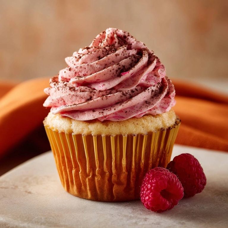 Himbeer-Schoko-Cupcakes mit cremiger rosa Himbeerfrosting-Garnitur und Kakaopulver-Streuseln, daneben zwei Himbeeren.