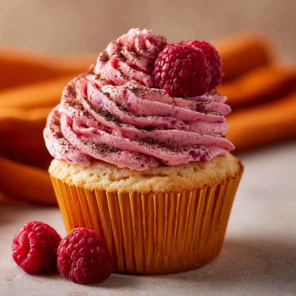 Himbeer-Schoko-Cupcakes mit rosa Himbeer-Schoko-Creme, garniert mit frischen Himbeeren und Kakaonibs.
