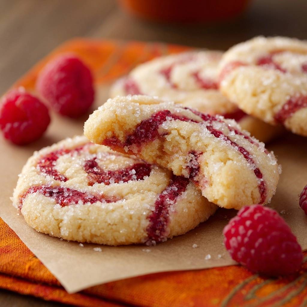 Himbeer-Spiralplätzchen angeschnitten mit Himbeeren und Zucker bestreut, Nahaufnahme der Textur