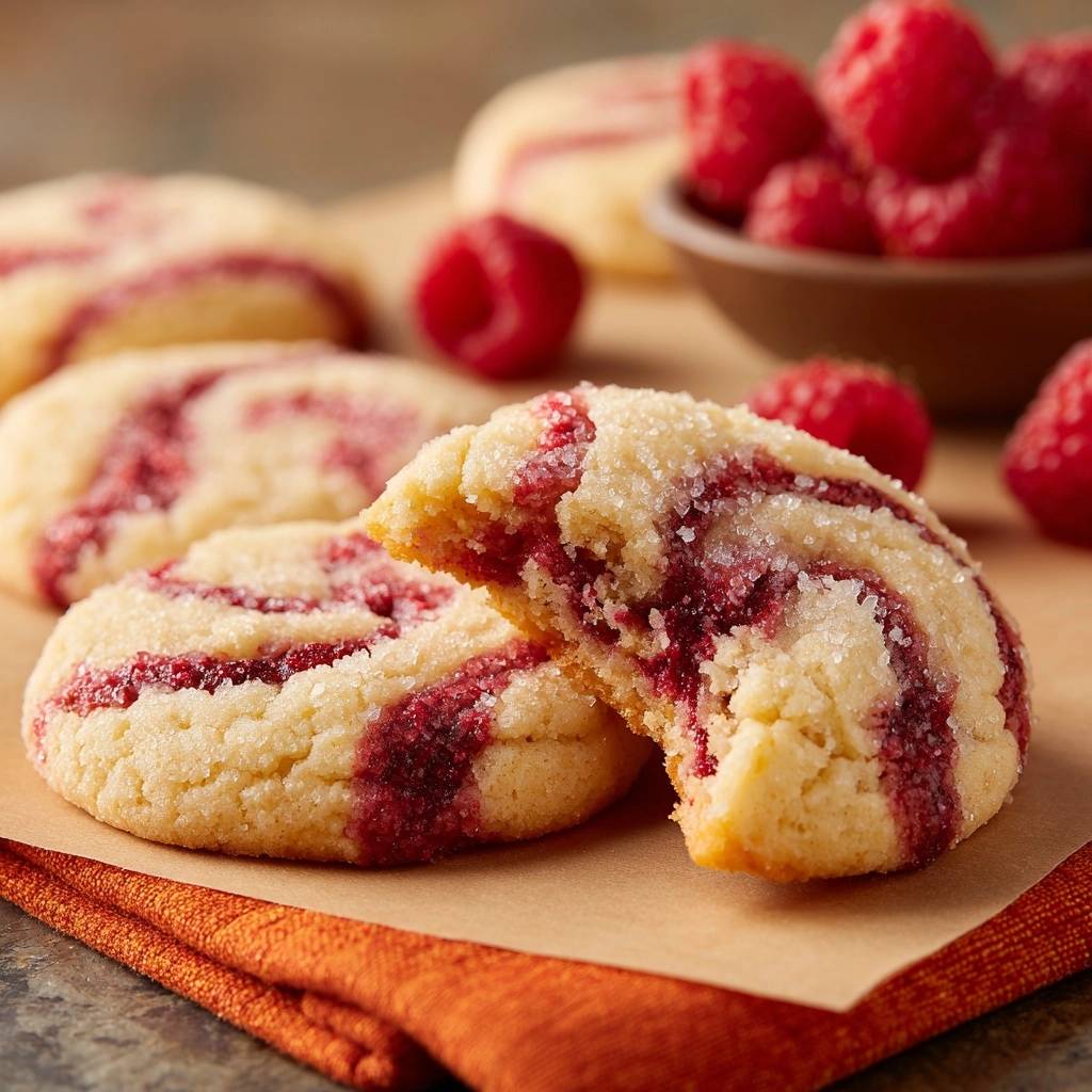 Himbeer Spiralplatzecken Angeschnitten 1 Himbeer-Spiralplätzchen angeschnitten, die rote Füllung und die Zuckerkristalle sind deutlich zu sehen.