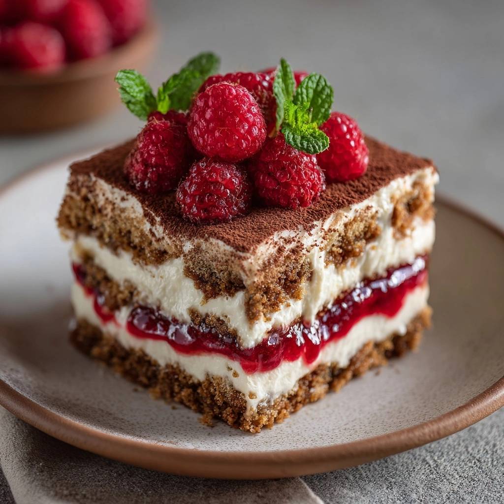 Himbeer Tiramisu Angeschnitten Mit Garnitur 1 Himbeer-Tiramisu angeschnitten auf einem Teller, dekoriert mit frischen Himbeeren und Minze.