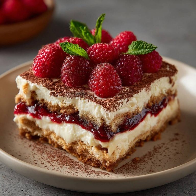 Himbeer-Tiramisu angeschnitten auf einem Teller, garniert mit frischen Himbeeren und Minzblättern, mit Kakao bestäubt.