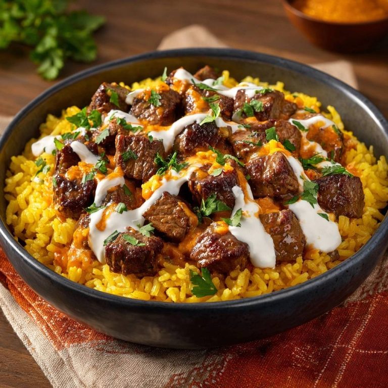 Indisches Rindfleisch-Curry mit Kurkumareis, saftig zart, serviert mit einem Klecks Joghurt und frischer Petersilie garniert.