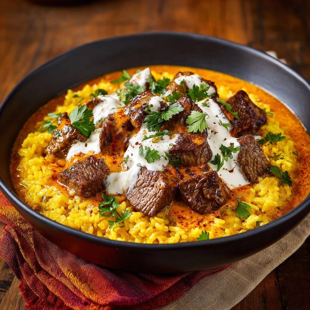 Indisches Rindfleisch-Curry mit Kurkumareis, serviert in einer schwarzen Schüssel mit frischer Petersilie und cremiger Sauce.