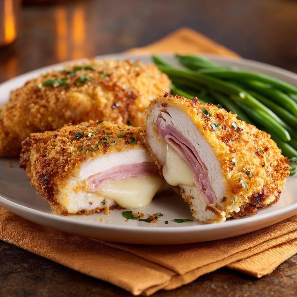 Jalapeno Haehnchen Cordon Bleu Angeschnitten 1 Knuspriges Jalapeño-Hähnchen-Cordon-Bleu angeschnitten mit geschmolzenem Käse und Schinken, serviert mit grünen Bohnen.