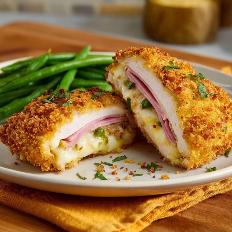 Knuspriges Jalapeño-Hähnchen-Cordon-Bleu Rezept im Anschnitt mit geschmolzenem Käse und Schinken