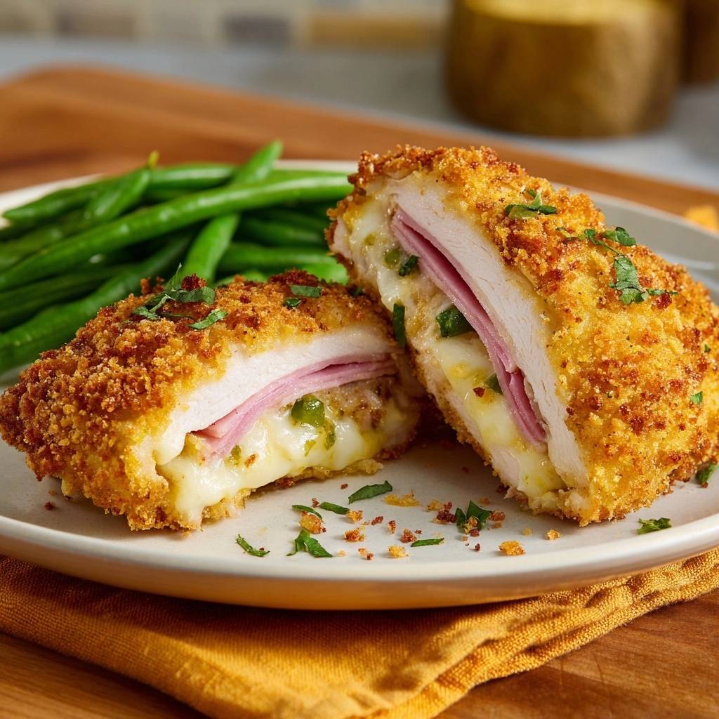 Knuspriges Jalapeño-Hähnchen-Cordon-Bleu Rezept im Anschnitt mit geschmolzenem Käse und Schinken