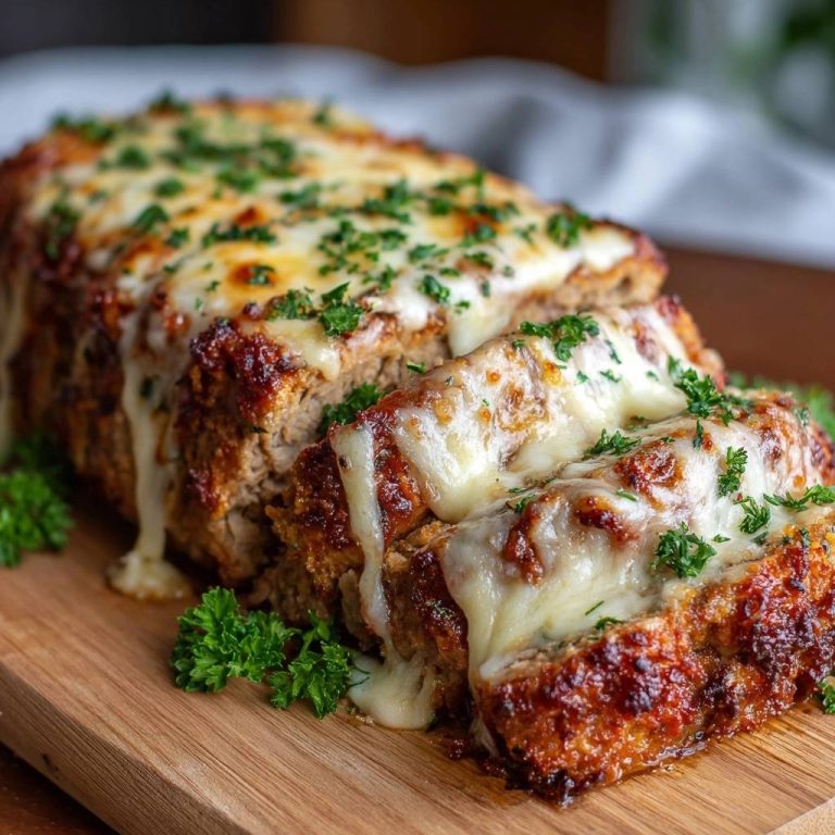 Saftiger Käse-Hackbraten angeschnitten, mit geschmolzenem Käse und Petersilie garniert, auf einem Holzbrett serviert.