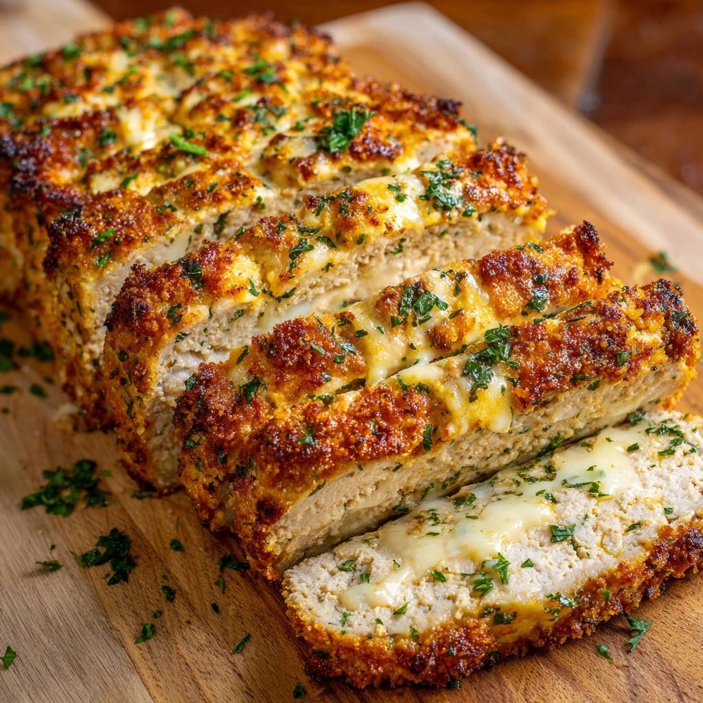 Saftiger Käse-Hackbraten angeschnitten, mit geschmolzenem Käse und frischen Kräutern bestreut, zeigt die saftige Innenseite.