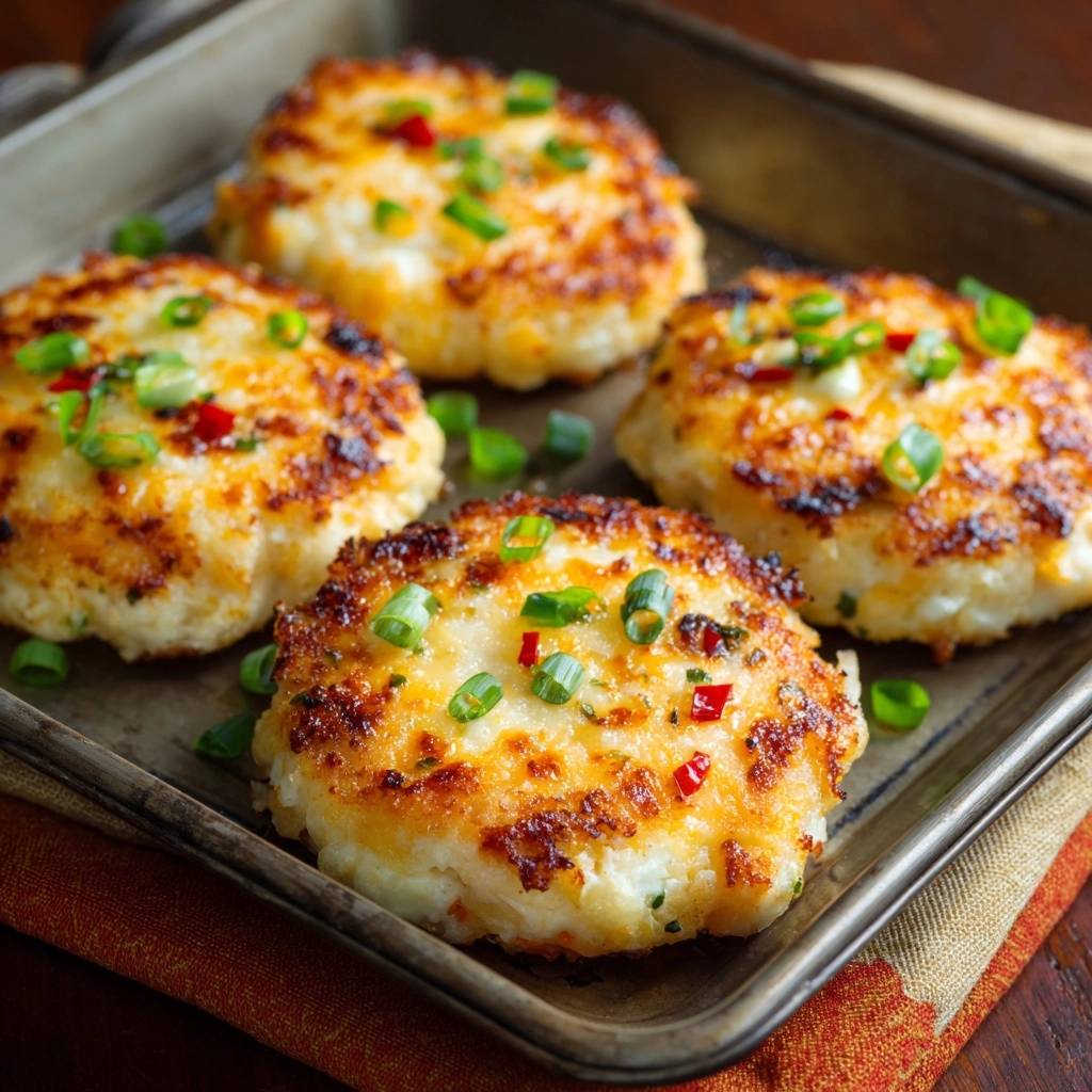 Knusprige Käse-Kartoffel-Patties mit Frühlingszwiebeln und Chili garniert, auf einem Blech serviert.