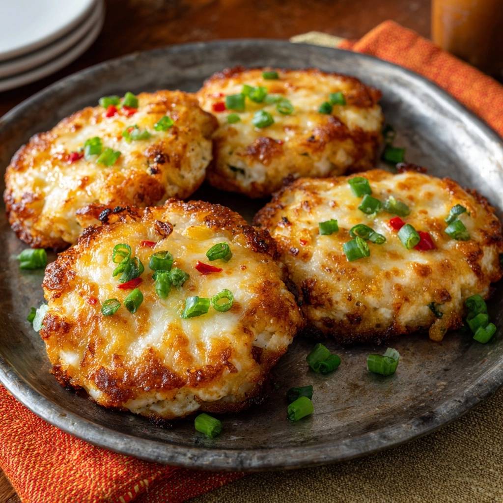Knusprige Käse-Kartoffel-Patties garniert mit Frühlingszwiebeln und Chili auf einem Teller